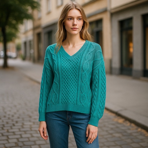 Emerald green Cable Knit V-Neck Sweater - Picture 1 of 5